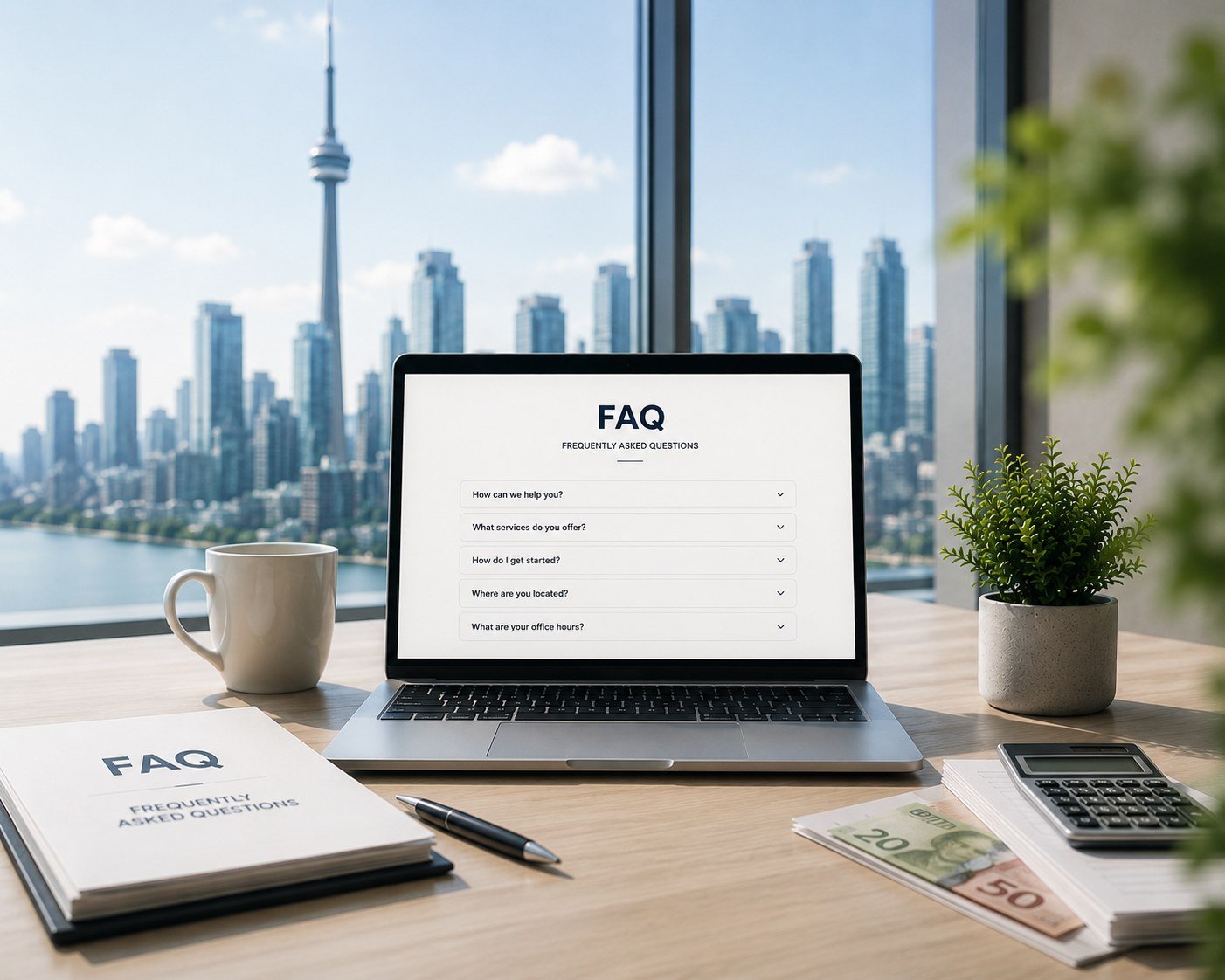 Ноутбук з розділом FAQ на фоні Toronto